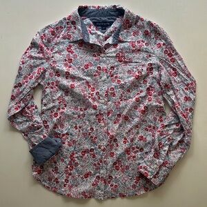 Tommy Hilfiger White Floral Button Up Shirt Roll Tab Sleeve Size S Spring Top